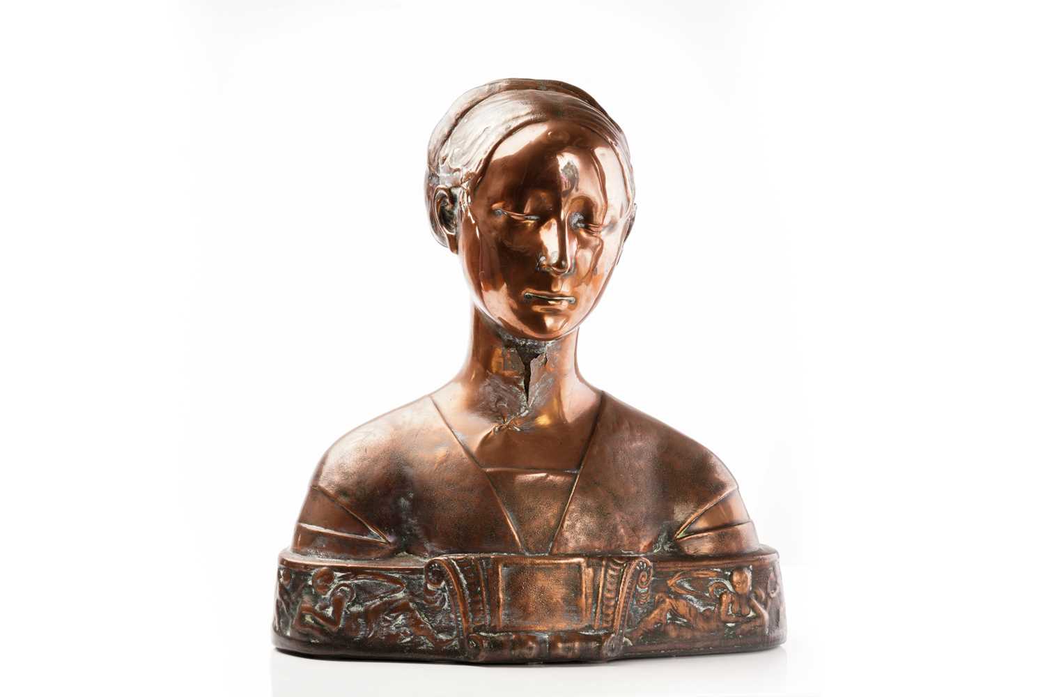 Early 20th century copper covered bust of a lady, with reclining figures to the base, unsigned, 46