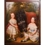 19th century British School, two girls and a black pony with a garland of flowers, unsigned, oil