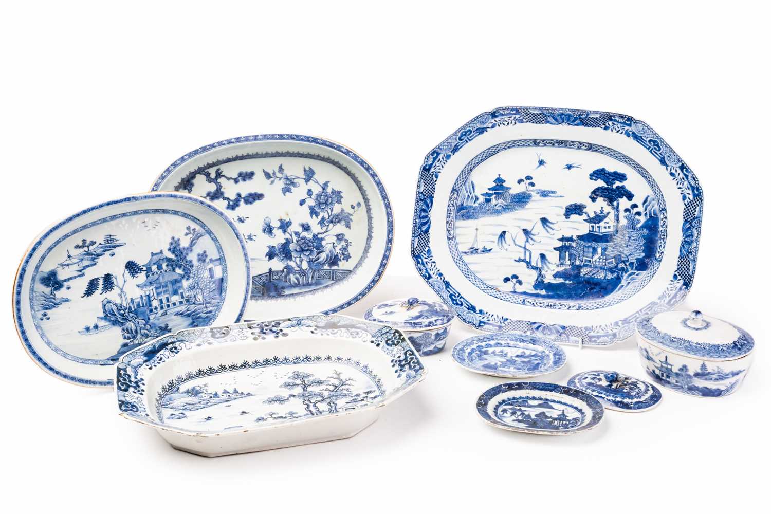 A group of Chinese blue & white export porcelain, all with landscape decoration, comprising two oval