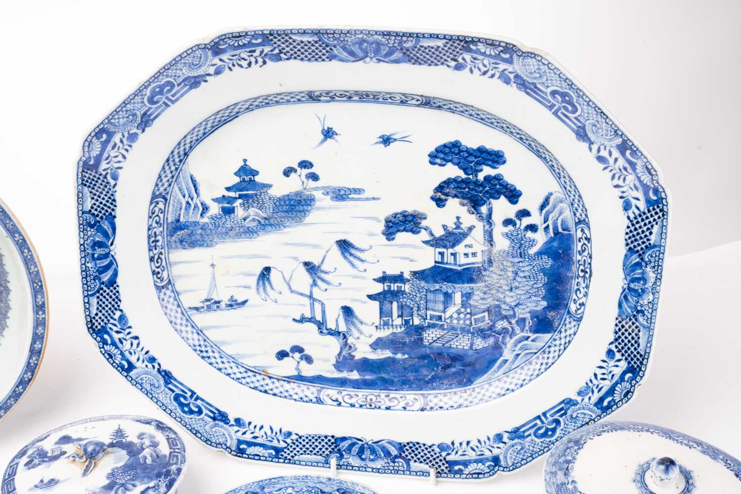 A group of Chinese blue & white export porcelain, all with landscape decoration, comprising two oval - Image 4 of 20