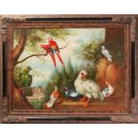 20th-century school, assorted birds in a forest landscape, large oil on canvas, indistinctly signed,
