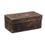 A Chinese export trade leather-covered camphor wood travel trunk with heavy-duty bale handles a