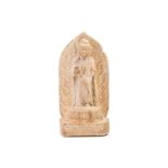 A Chinese carved marble standing Shakyamuni Buddha, Qing, the right hand in vitarka mudra, wearing