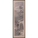A Japanese mountainous snow scene, 20th century, watercolour on silk, signed and with chop marks,