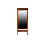 An Edwardian inlaid mahogany cheval dressing mirror with satinwood crossbanded decoration, supported