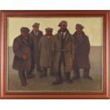 Aneurin M Jones (1930-2017) Welsh, a group of farmers at a sale, oil on panel, signed to lower