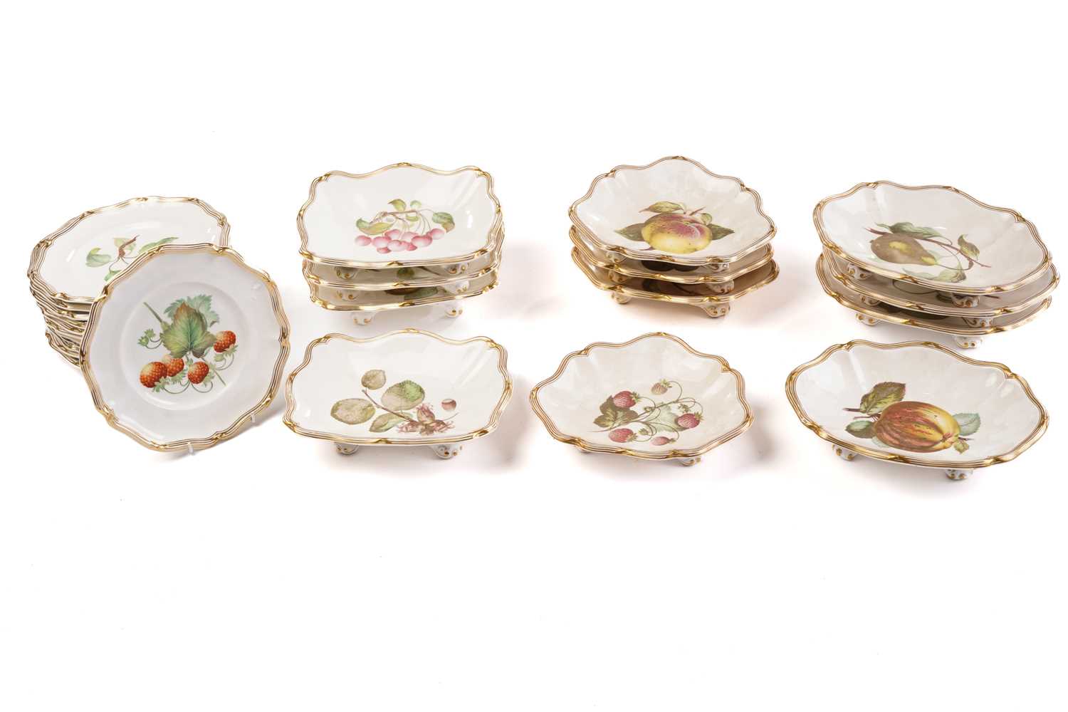 A Davenport part fruit set, each hand painted with fruit, comprising twelve pie-crust edge plates 24