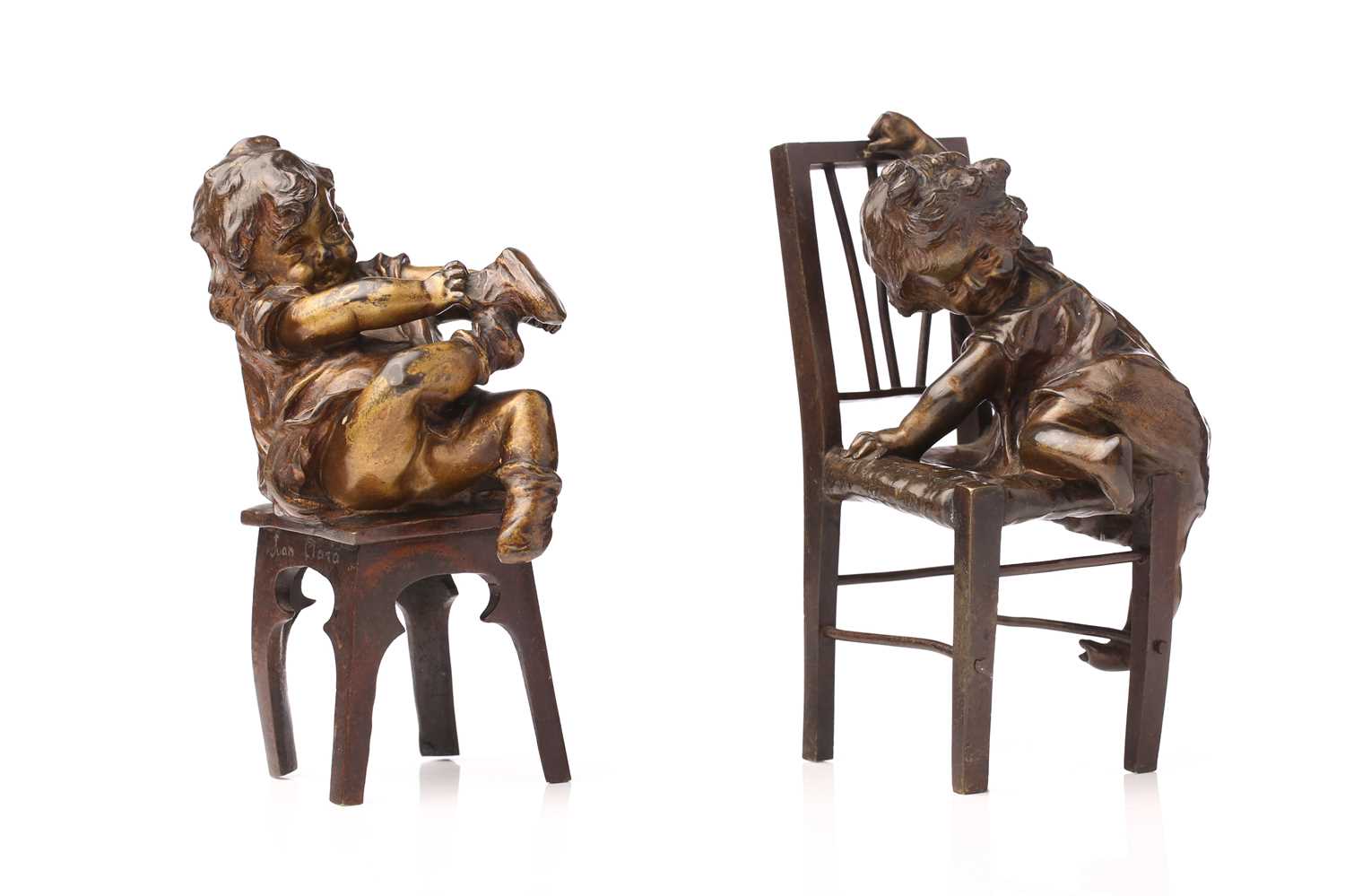 After Juan Clara, a bronze figure of a girl seated on a stool putting on a shoe, signed and numbered