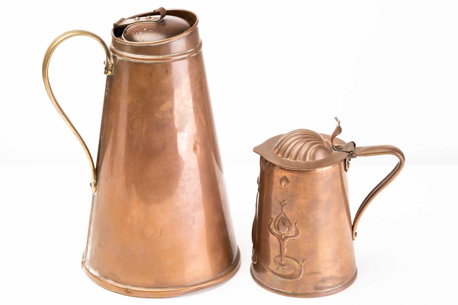 A W.A.S Benson insulated copper conical ice-water jug and cover, 23 cm high and pair of Arts & - Image 9 of 28