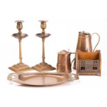 A W.A.S Benson insulated copper conical ice-water jug and cover, 23 cm high and pair of Arts &
