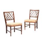 Pair of E. W. Godwin Anglo Japanese style walnut bedroom chairs with "cockpen" style lattice backs