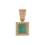 An emerald and diamond cluster pendant, featuring a tablet-like step-cut emerald with a