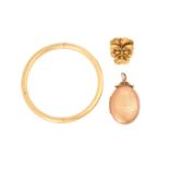 A 9ct gold locket, a pansy brooch pendant and a hinged bangle; the oval locket comprises an engine-