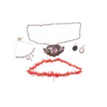 A mixed collection of jewellery, including a red coral branch necklace; a moonstone bib necklace;