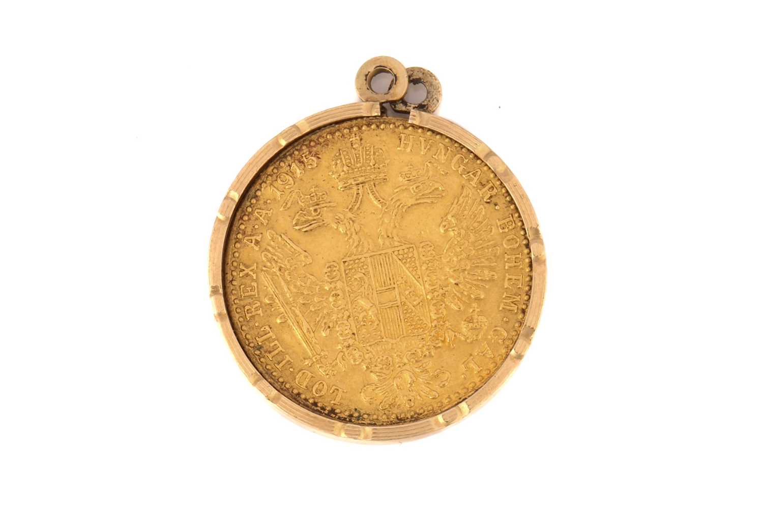 An Austrian 1 Ducat coin in a yellow metal pendant mount, 1915, total weight of item 4.6 grams. - Image 2 of 2