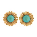 A pair of flowerhead earrings set with turquoise, each comprises a round turquoise cabochon of 12.
