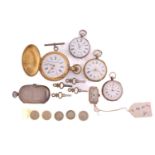 A collection of four pocket watches, one 9ct wristwatch, a silver coin dispenser, five coins, an