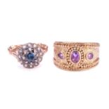 Two gem-set rings in 9ct gold; to include a sapphire and diamond cluster ring, centred with a deep