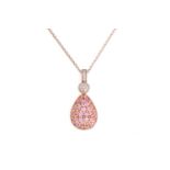 A pink sapphire and diamond pendant on chain, the egg-shaped pendant in 18ct white gold is fully
