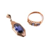 A sapphire and diamond half hoop ring in 18ct gold, and a pendant; the ring comprises two faceted