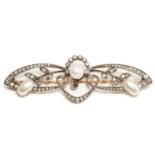 An Edwardian pearl and diamond brooch, comprising an egg-shaped white pearl with silver overtones,