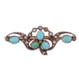 A turquoise and diamond brooch, comprising oval turquoise cabochons arranged as a trefoil motif,