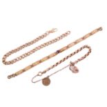 Three chain bracelets; the first consists of faceted belcher links in 9ct rose gold, connected by