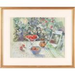 Jane Corsellis (b.1940), Strawberries and cream in the garden, signed, watercolour, framed and