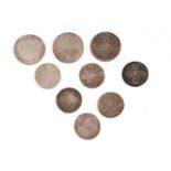 UK milled silver coins comprising Charles II crown, 1662 no rose beneath bust, interlinked C's in