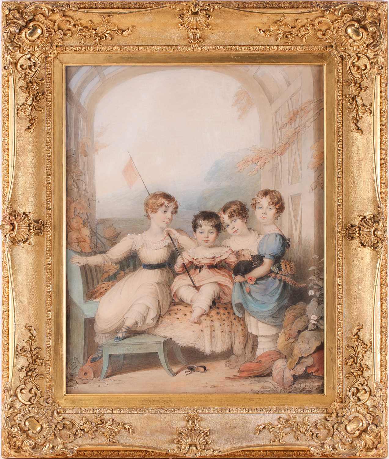 James Green (1771-1834), Portrait of four children under a garden pergola, purported to be Lucy