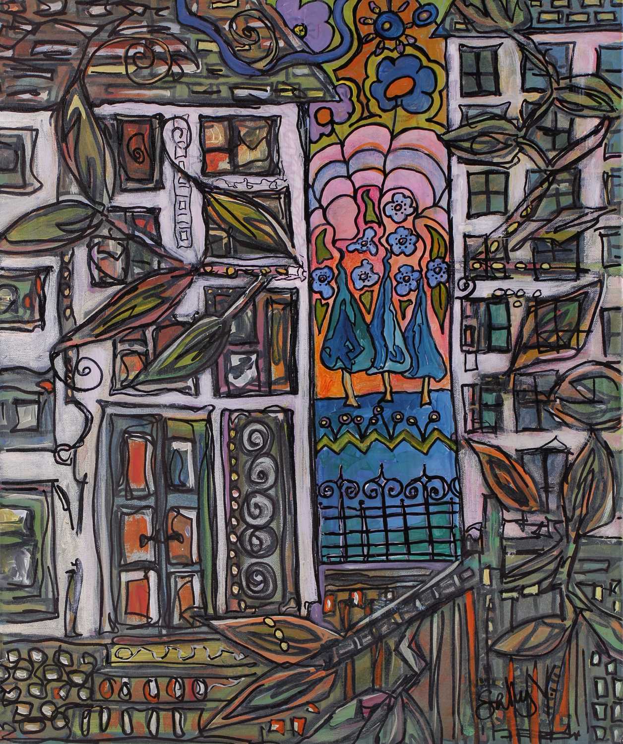 Sally Vaughan, Abstract buildings and trees, signed Sally V., pen and acrylic on canvas, unframed, - Image 3 of 7