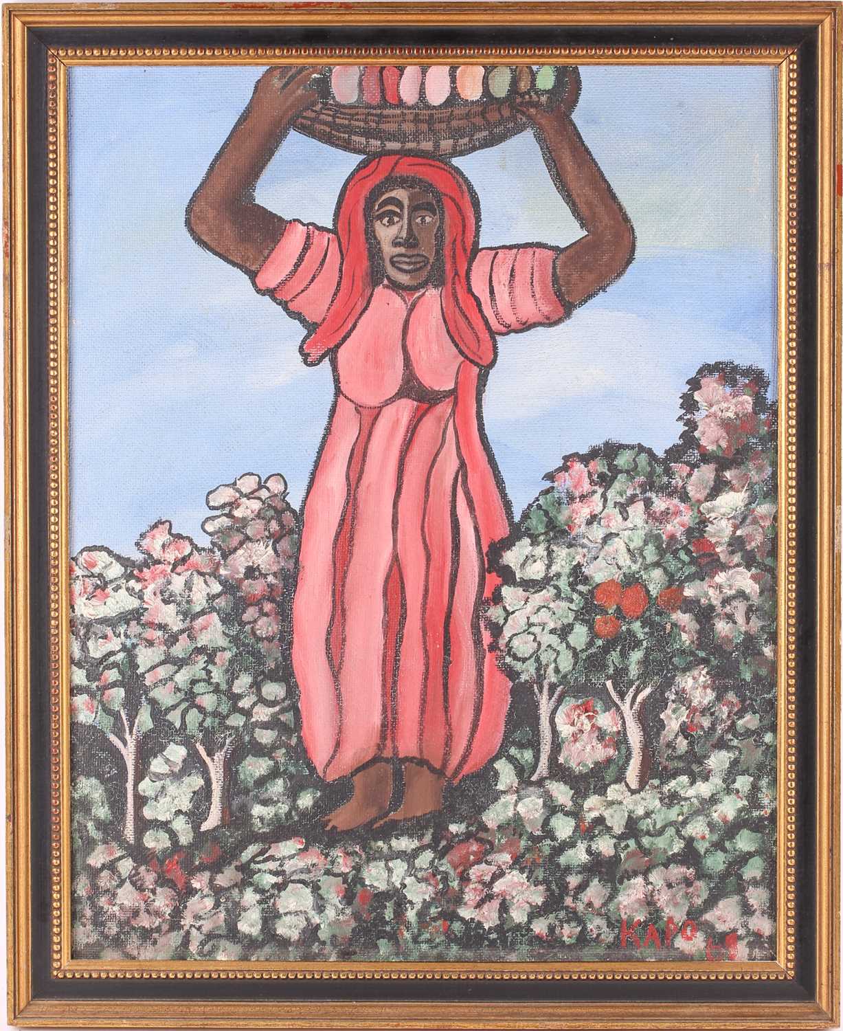 Mallica Reynolds (Kapo) (1911-1989) Jamaican, Lady carrying a basket of fruit on her head, signed