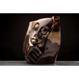 Richard Mteki (B. 1947 Zimbabwe), Head Study with hand, signed R. Mteki, carved stone, 38 cm high,