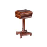 A William IV rosewood teapoy, the moulded hinged lid enclosing four removable lidded caddies and two