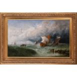 19th century English school, Fishing smacks on a stormy sea, under grey clouds, unsigned, oil on