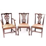 A George II/III mahogany Chippendale period ribbon back side chair with guilloche pieced and