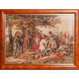 A large Victorian needlework tapestry, 'The Dying Douglas', glazed in a figured walnut frame, 74