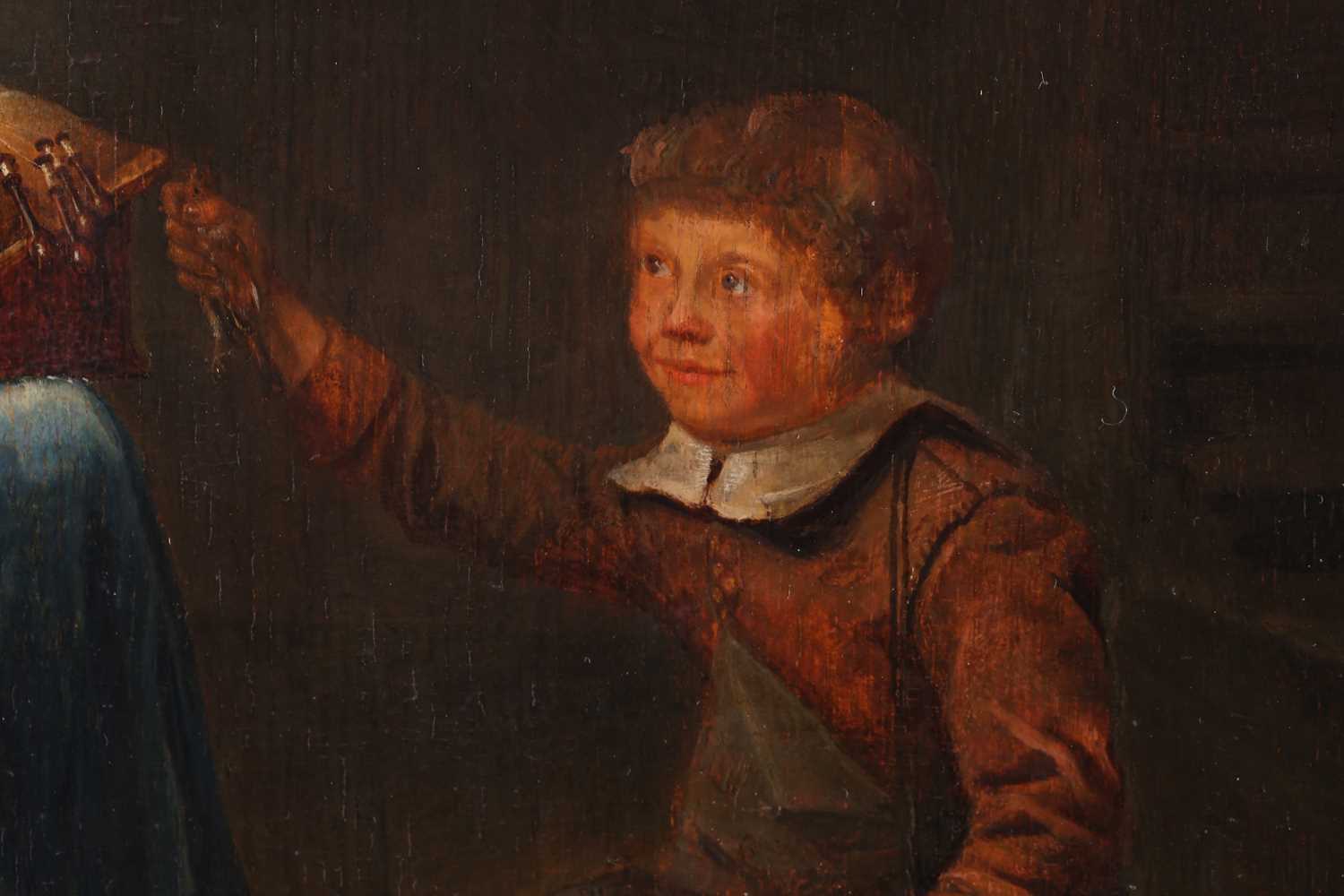 Pieter Van Slingelandt (1640-1691) Dutch, interior scene of a lace worker and boy, oil on oak panel, - Image 3 of 10