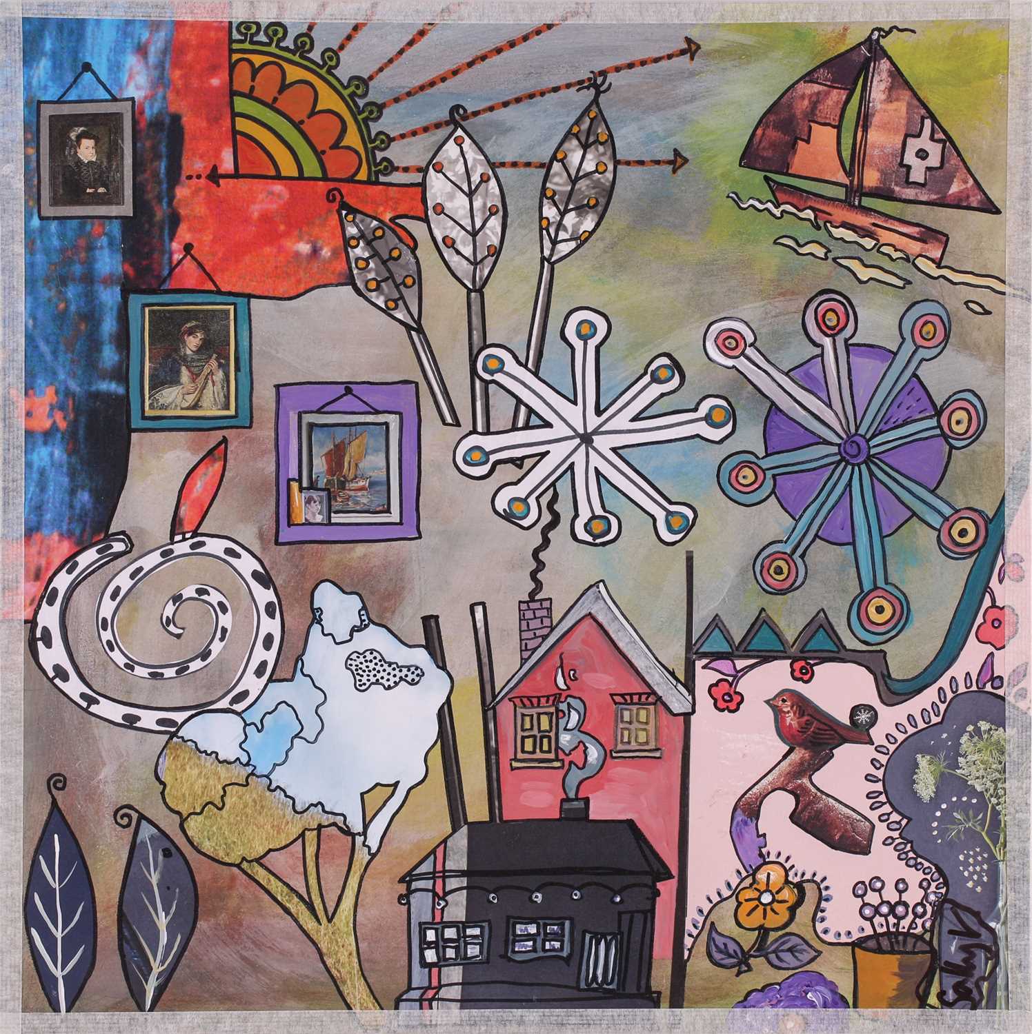 Sally Vaughan, Abstract with flowers, figures and animals - a matched set of six, five signed Sallly - Image 10 of 13