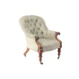 A Victorian rosewood button-back upholstered armchair, the tub shape back and scroll end arms on