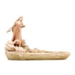 A Royal Dux porcelain bowl, in the form of a girl standing over geese drinking from a pond, pink