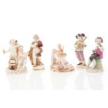 Five Meissen figures, including a group of putti depicting astronomy, 12 cm high, another group