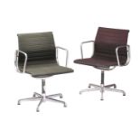 Two Charles Eames vintage ICF (licensed) aluminium group armchairs with dark green and charcoal grey