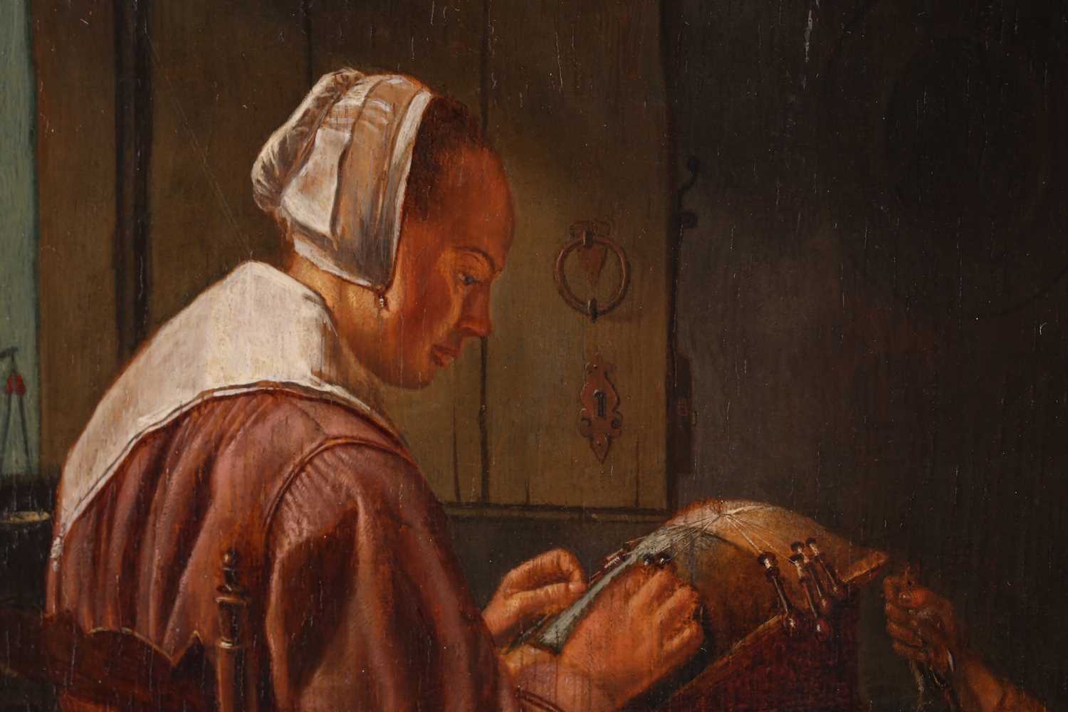 Pieter Van Slingelandt (1640-1691) Dutch, interior scene of a lace worker and boy, oil on oak panel, - Image 2 of 10