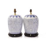 A pair of Chinese blue and white porcelain single gourd-shaped table lamps painted with ruyi head