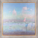 Fred Cuming (1930 - 2022), 'Windsurfers', signed, oil on board, framed, 90 cm x 90 cmOverall in good