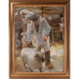 Anthony Morris (b.1938), 'Gary Rees', farmer and a sheep at an agricultural show, signed, oil on