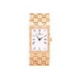 Baume and Mercier. A lady's 18 carat gold wristwatch; the rectangular white enamel dial with Roman