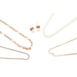 A 9 carat gold fancy link chain; a 9 carat gold cable and bar link chain, a trace link chain