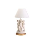 A white glazed figural 'Cherub' table lamp, 20th century in the form of three cherubic boys one